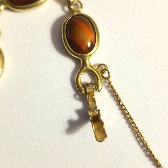 Sarah Cov Mid Century Agate Cabochons Golden Bracelet W Dafety Chain - Picture 6 of 15